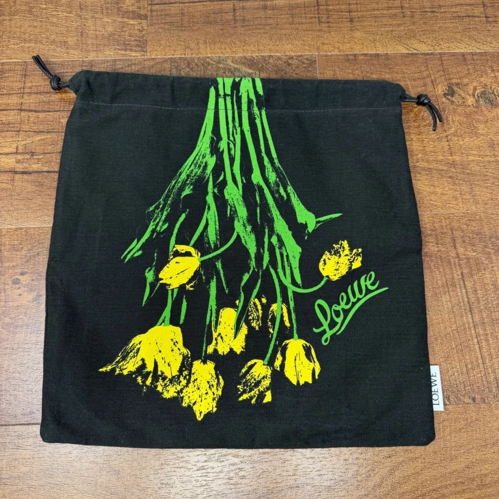 LOEWE Black Canvas Yellow Floral Tulip Drawstring Pouch Bag FLAWED